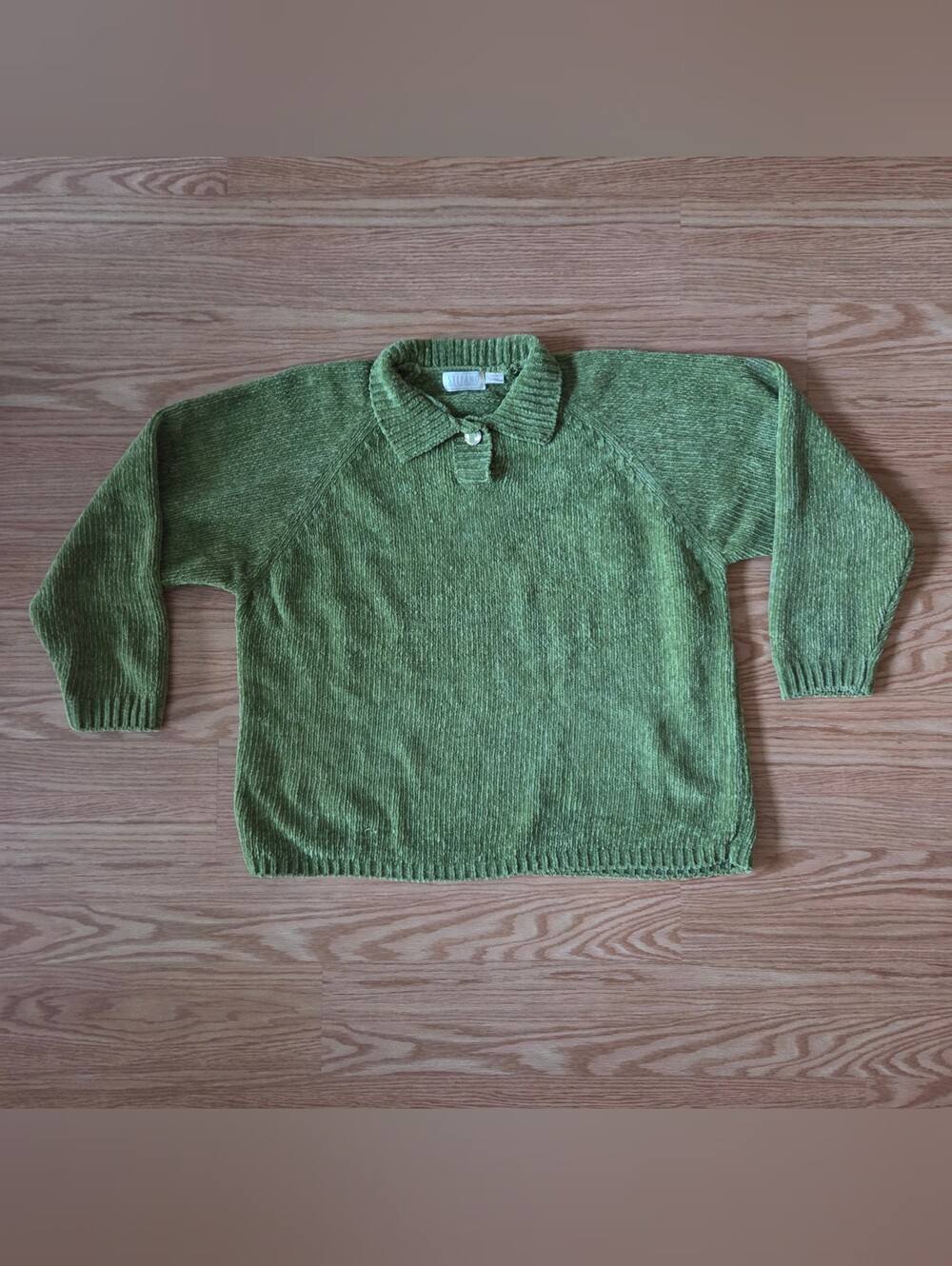 Stefano Ricci Olive Green Chenille Pullover Sweater with Button Collar - Picture 3 of 4